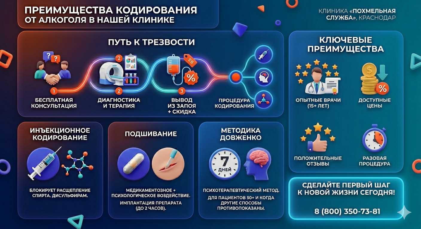 Инфографика о методах кодирования от алкоголя в Подольске: инъекции, подшивание, метод Довженко. Преимущества клиники и этапы лечения.